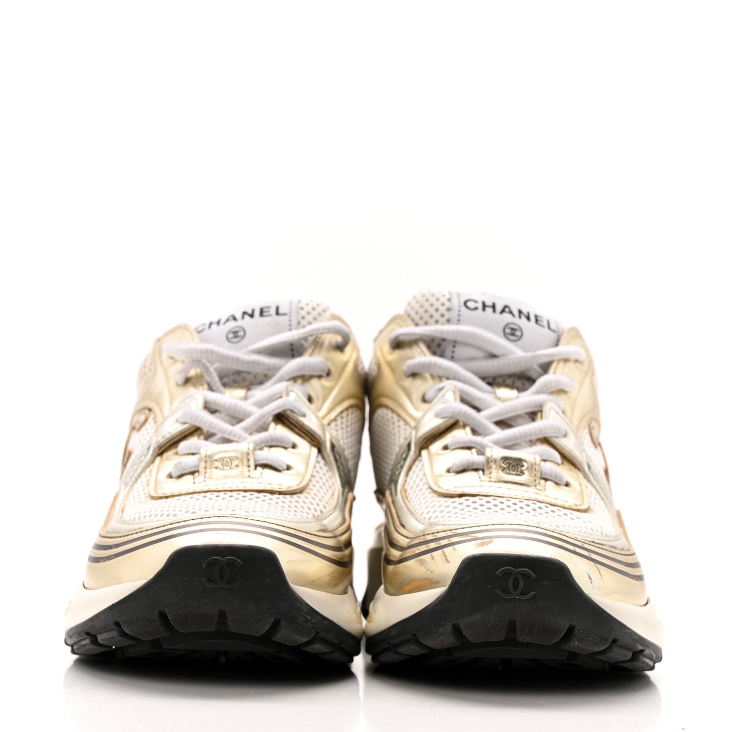 Chanel Fabric Laminated Calfskin Stretch CC Sneakers 36.5 White