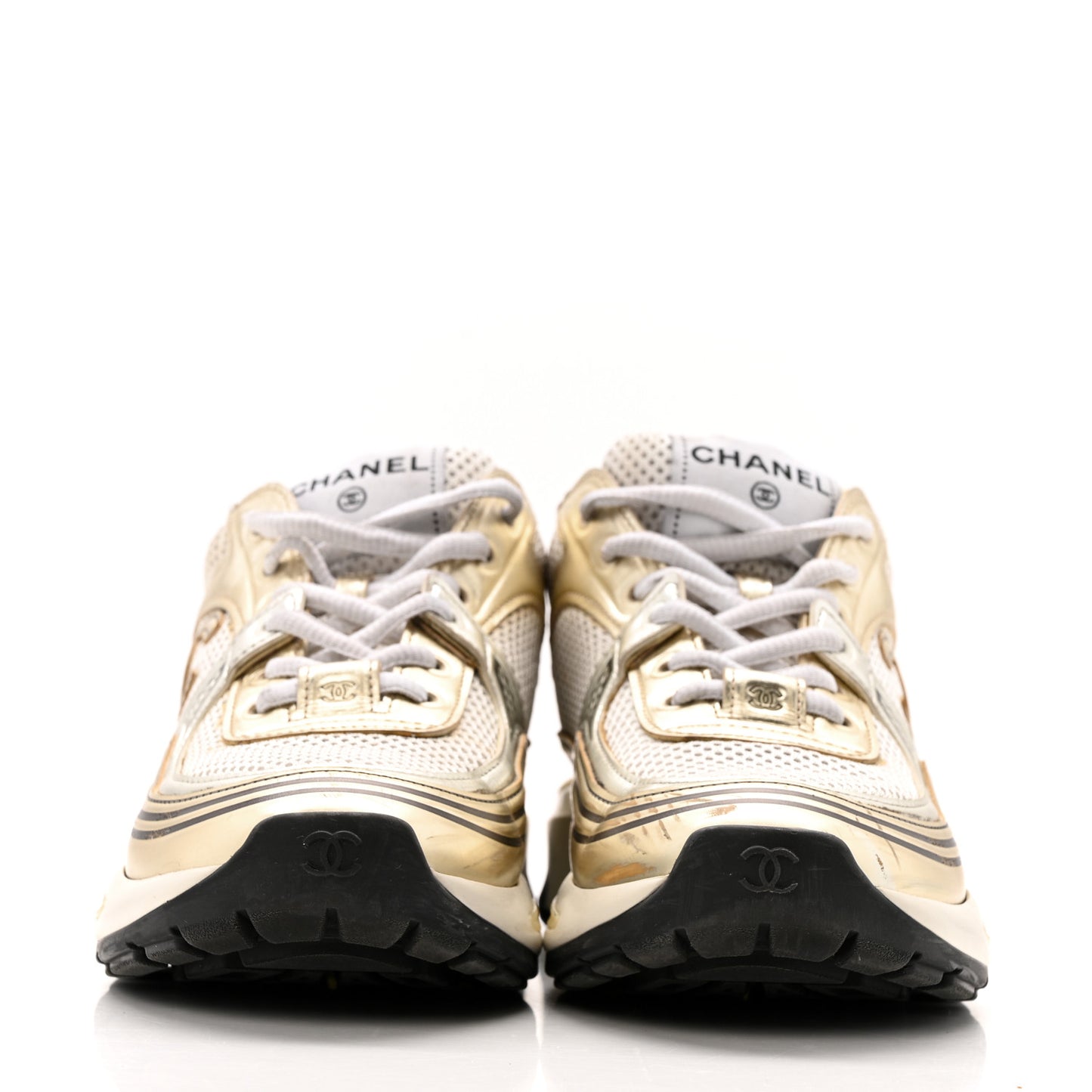 Fabric Laminated Calfskin Stretch CC Sneakers 36.5 White Gold Silver