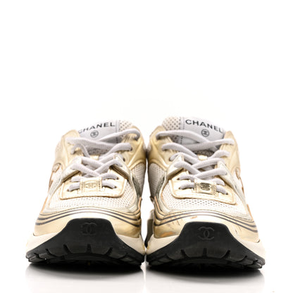 Chanel Fabric Laminated Calfskin Stretch CC Sneakers 36.5 White Gold Silver 3 of 13