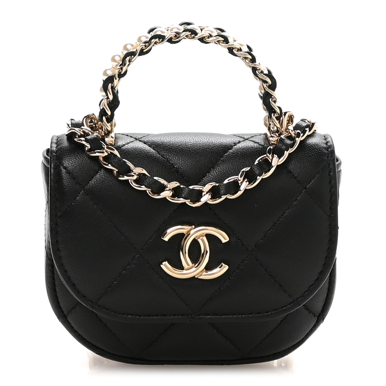Chanel Lambskin Quilted Pearl Top Handle Clutch With Chain Black 1 of 11