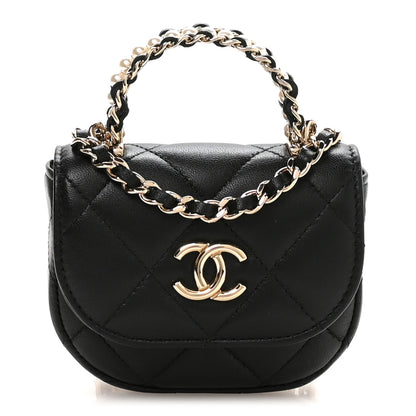Chanel Lambskin Quilted Pearl Top Handle Clutch With Chain Black 1 of 11