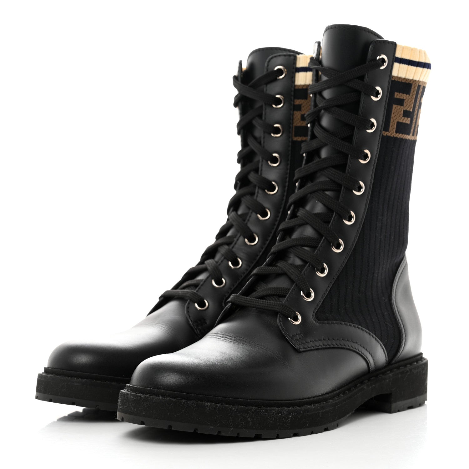 Fendi Calfskin Stretch Fabric Rockoko Biker Boots 38 Tobacco Black Marino 3 of 7