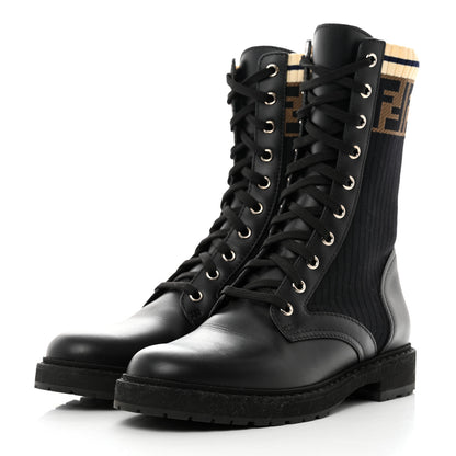 Fendi Calfskin Stretch Fabric Rockoko Biker Boots 38 Tobacco Black Marino 3 of 7