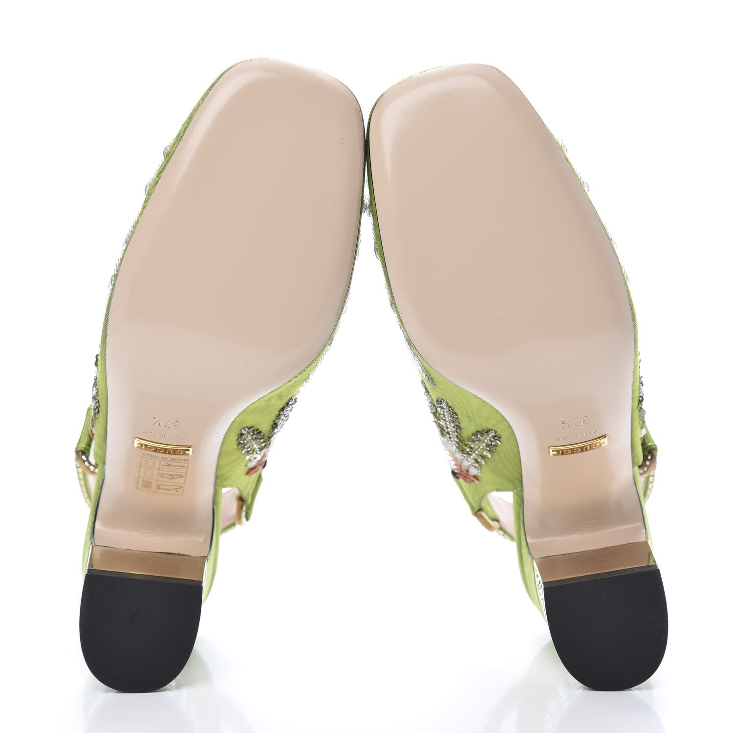 Gucci Moire Fabric Eyes Crystal Square G Madelyn Slingbacks 37.5 Lemon Leaf 7 of 10