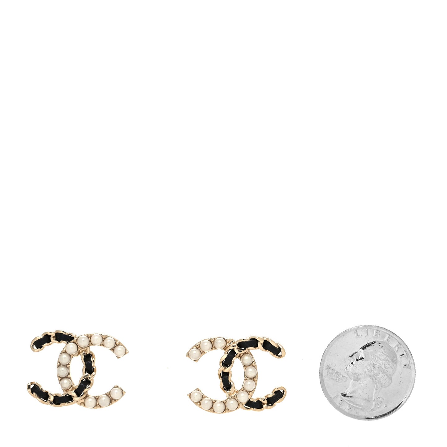 Pearl Lambskin Chain CC Stud Earrings Gold Black
