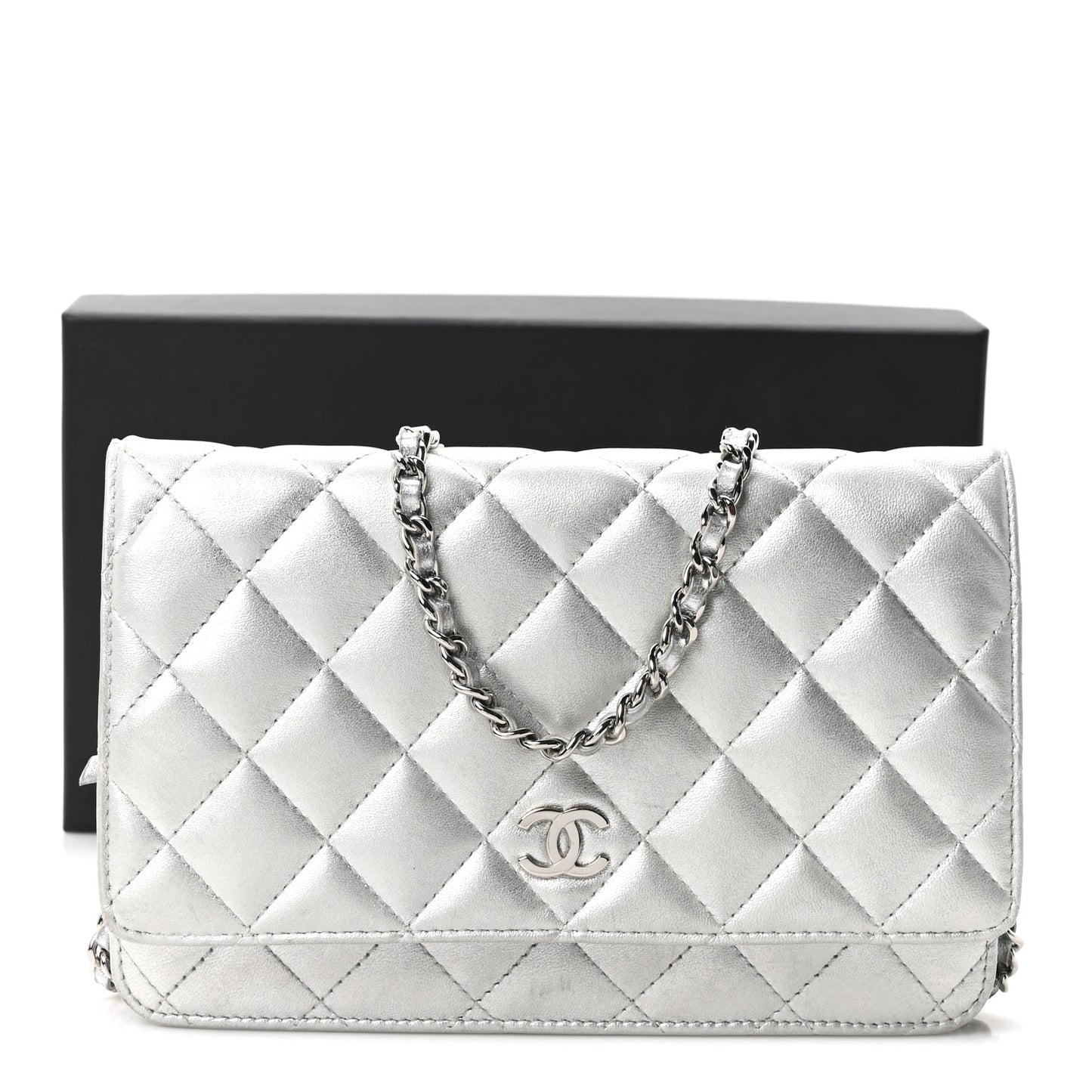 Metallic Lambskin Quilted Wallet On Chain WOC Silver