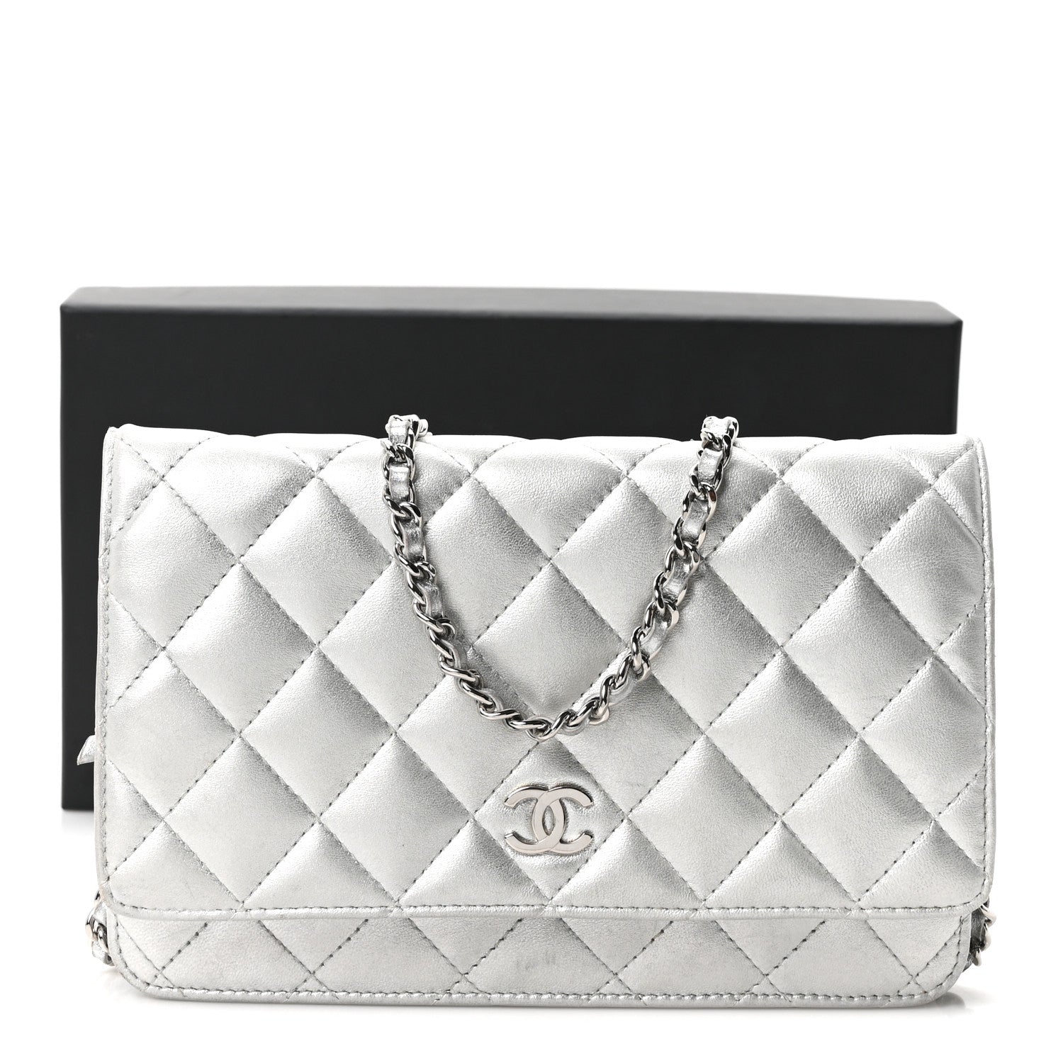 Chanel Metallic Lambskin Quilted Wallet On Chain WOC Silver 11 of 11