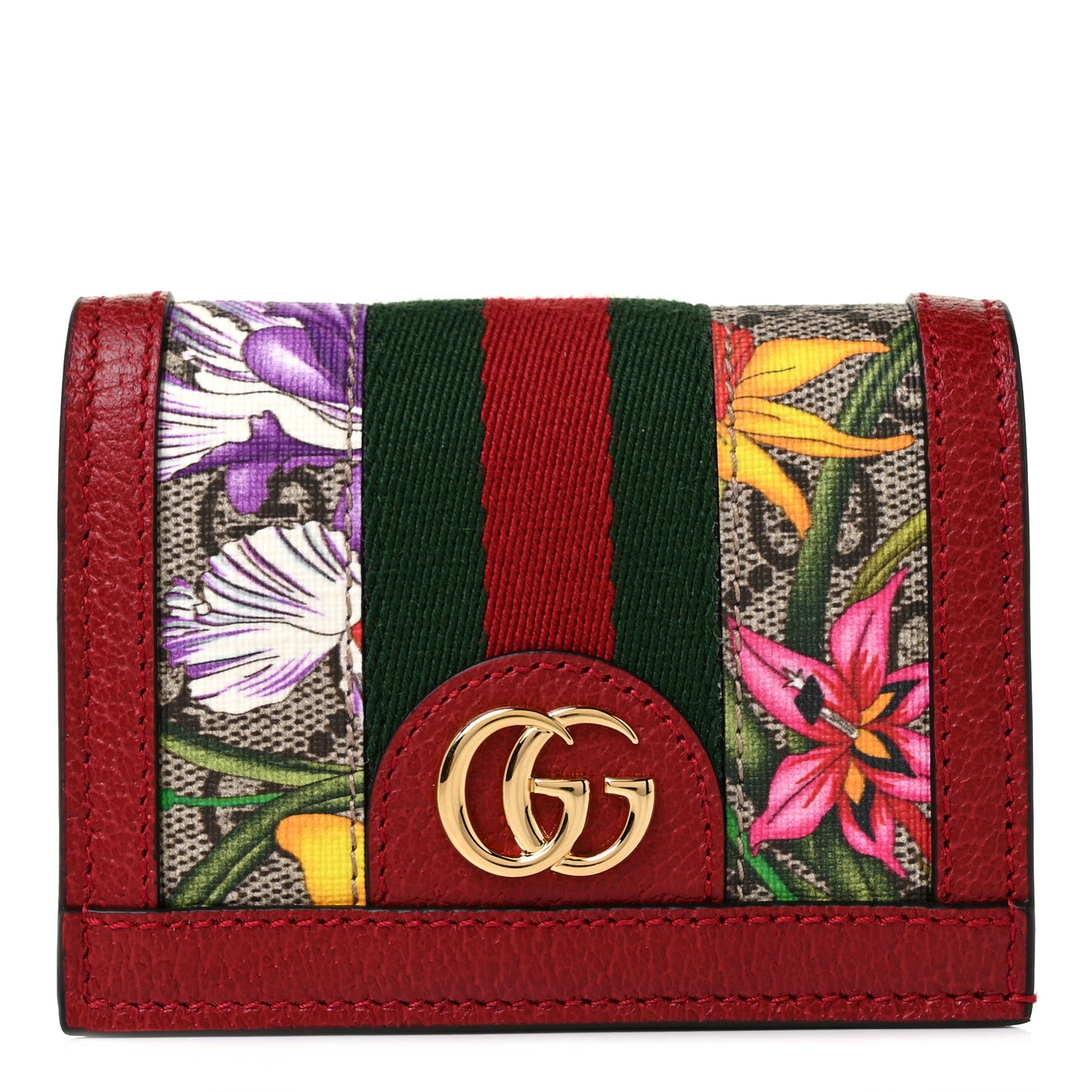 GG Supreme Monogram Flora Web Ophidia Card Case Red