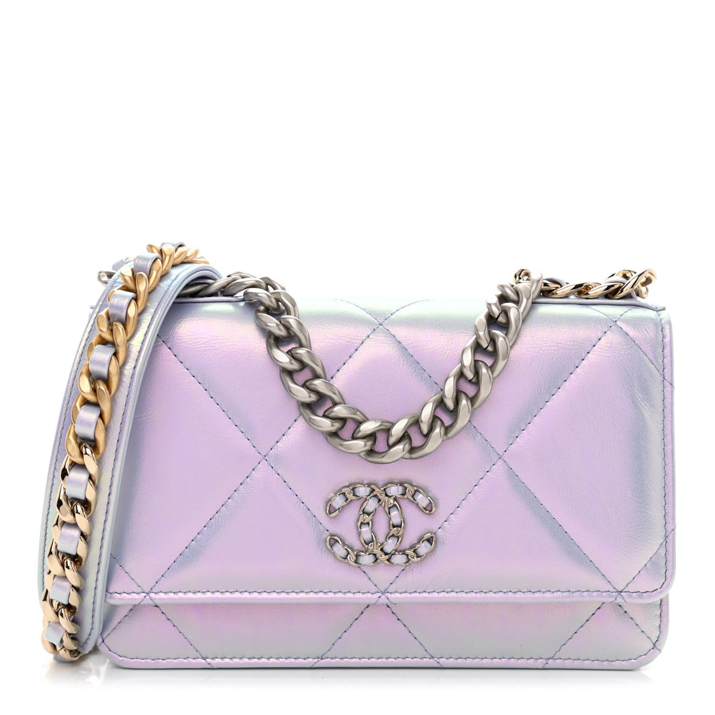 Iridescent Calfskin Quilted Chanel 19 Wallet On Chain WOC Light Purple