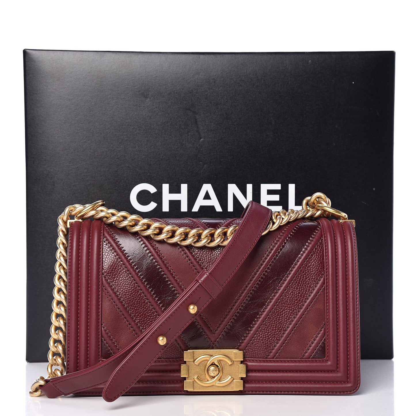 Caviar Suede Calfskin Chevron Medium Boy Flap Burgundy