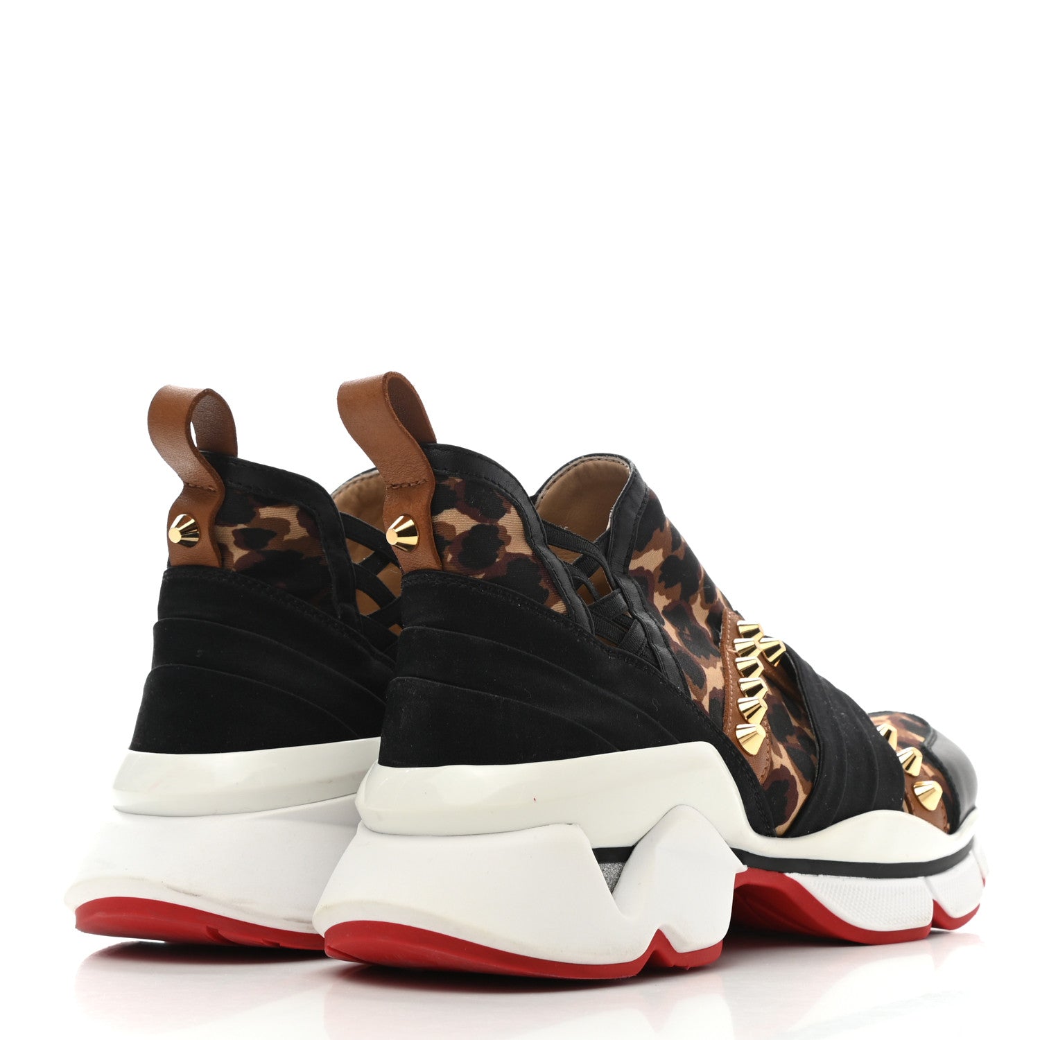 Christian Louboutin Calfskin Neoprene Leopard Studded Donna Flat Sneakers 36 Black Marron 4 of 9