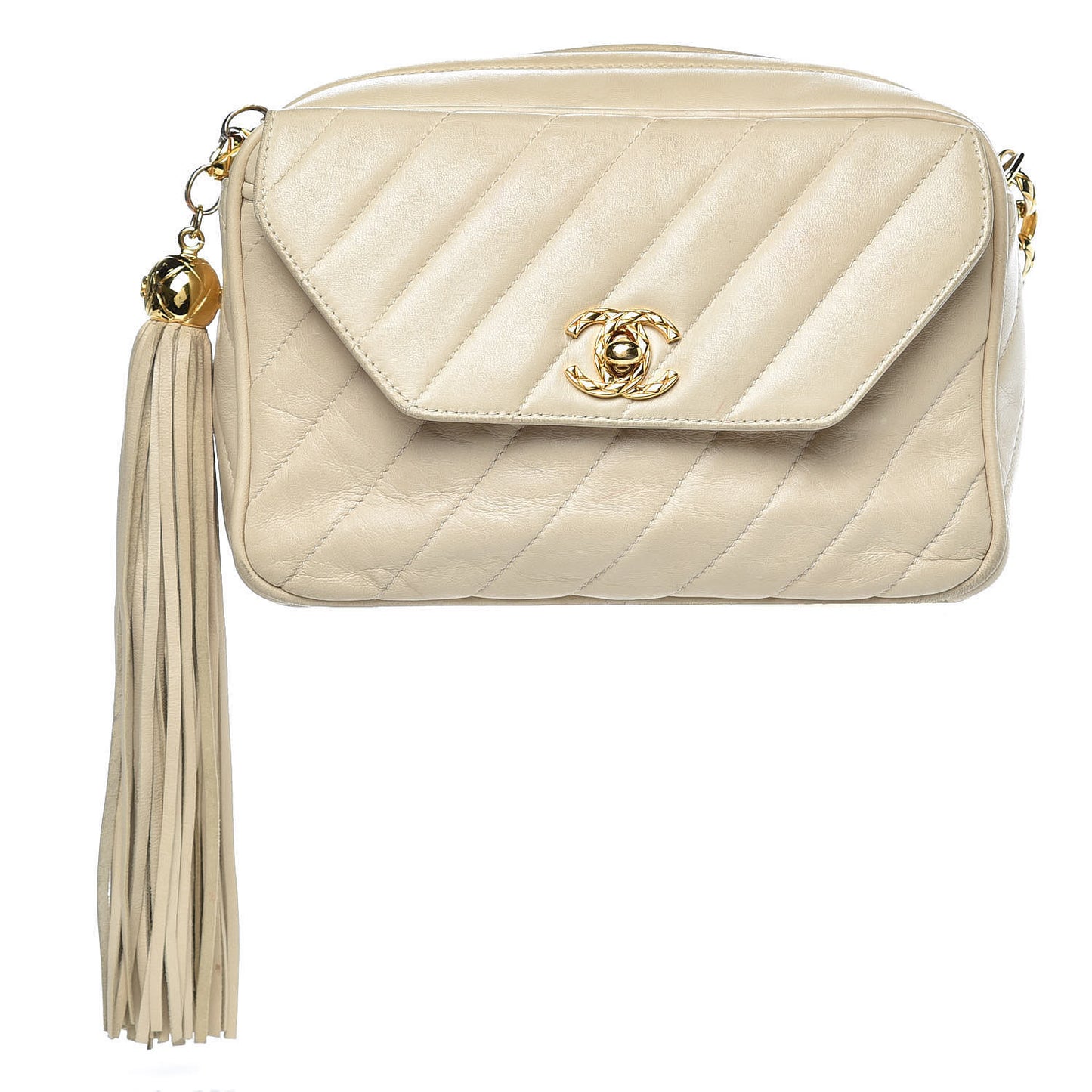 Lambskin Diagonal Quilted Tassel Camera Bag Light Beige