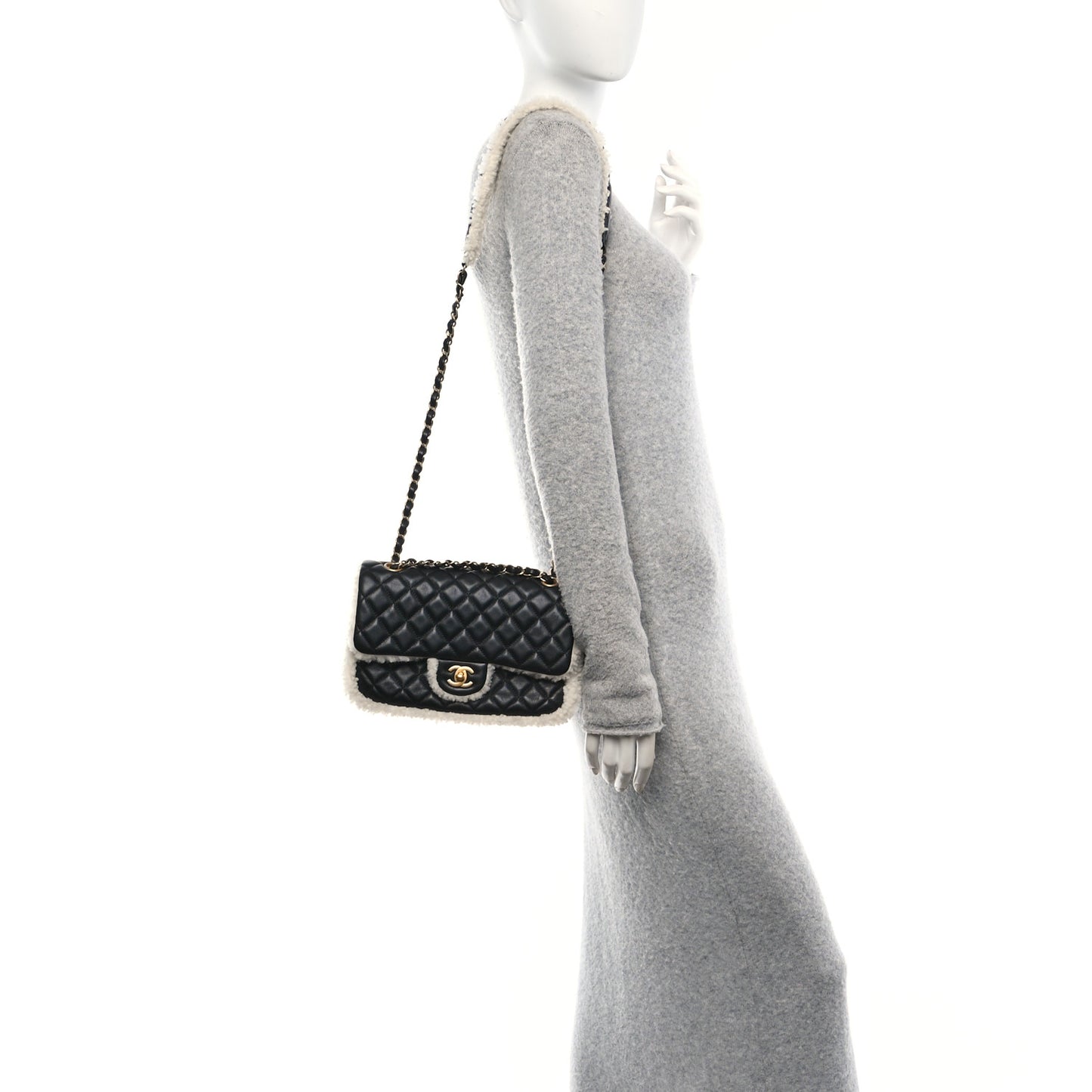 Lambskin Shearling Large CC Flap Bag Black White