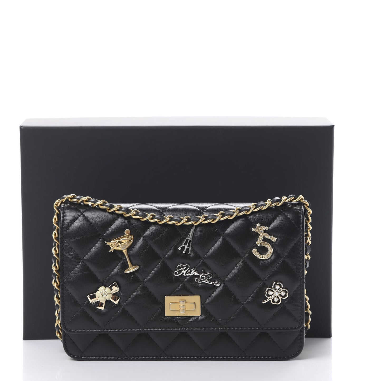 Aged Calfskin Quilted Lucky Charms 2.55 Reissue Wallet On Chain WOC Black