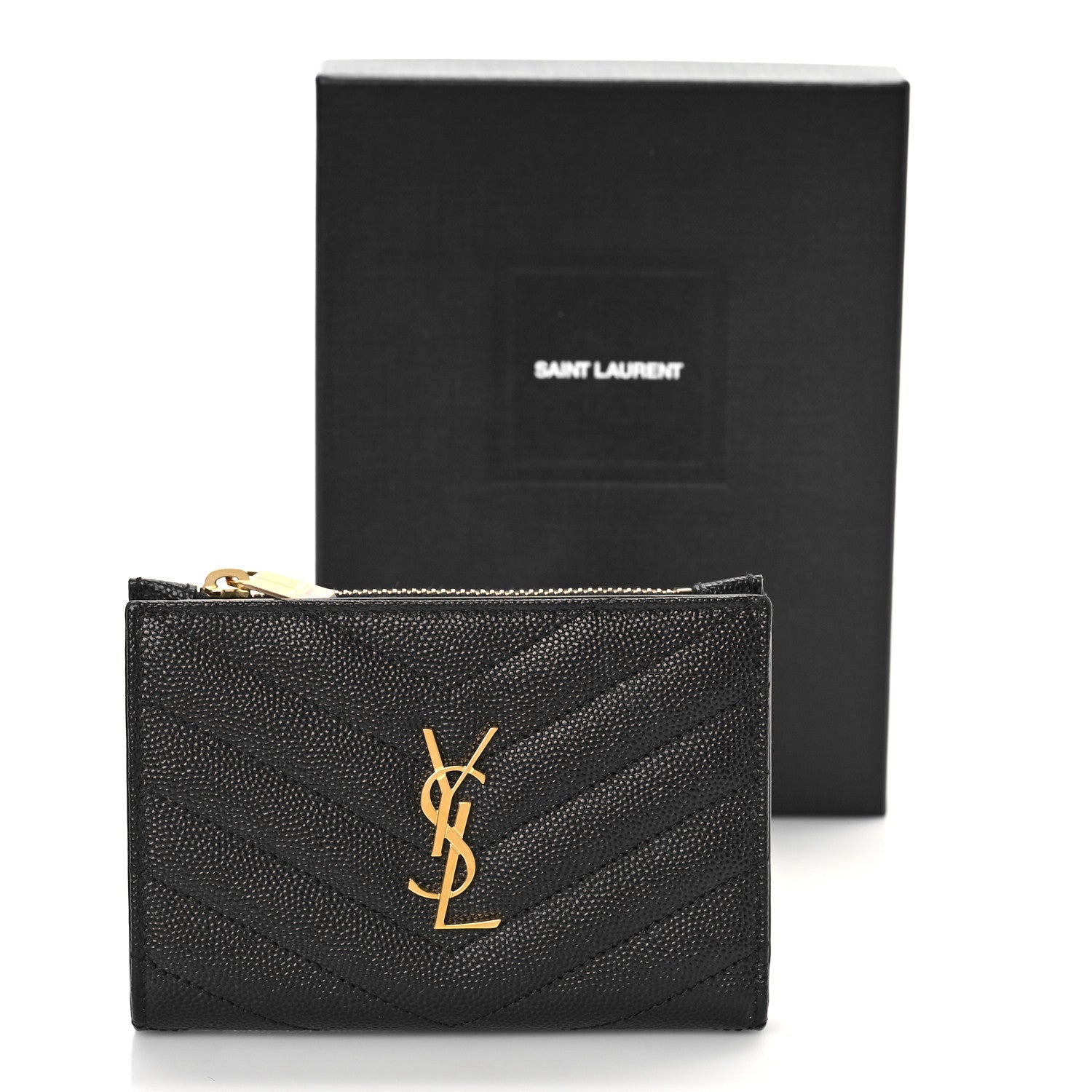 Saint Laurent Grain De Poudre Matelasse Chevron Monogram Zipped Two-Part Wallet Black 9 of 9