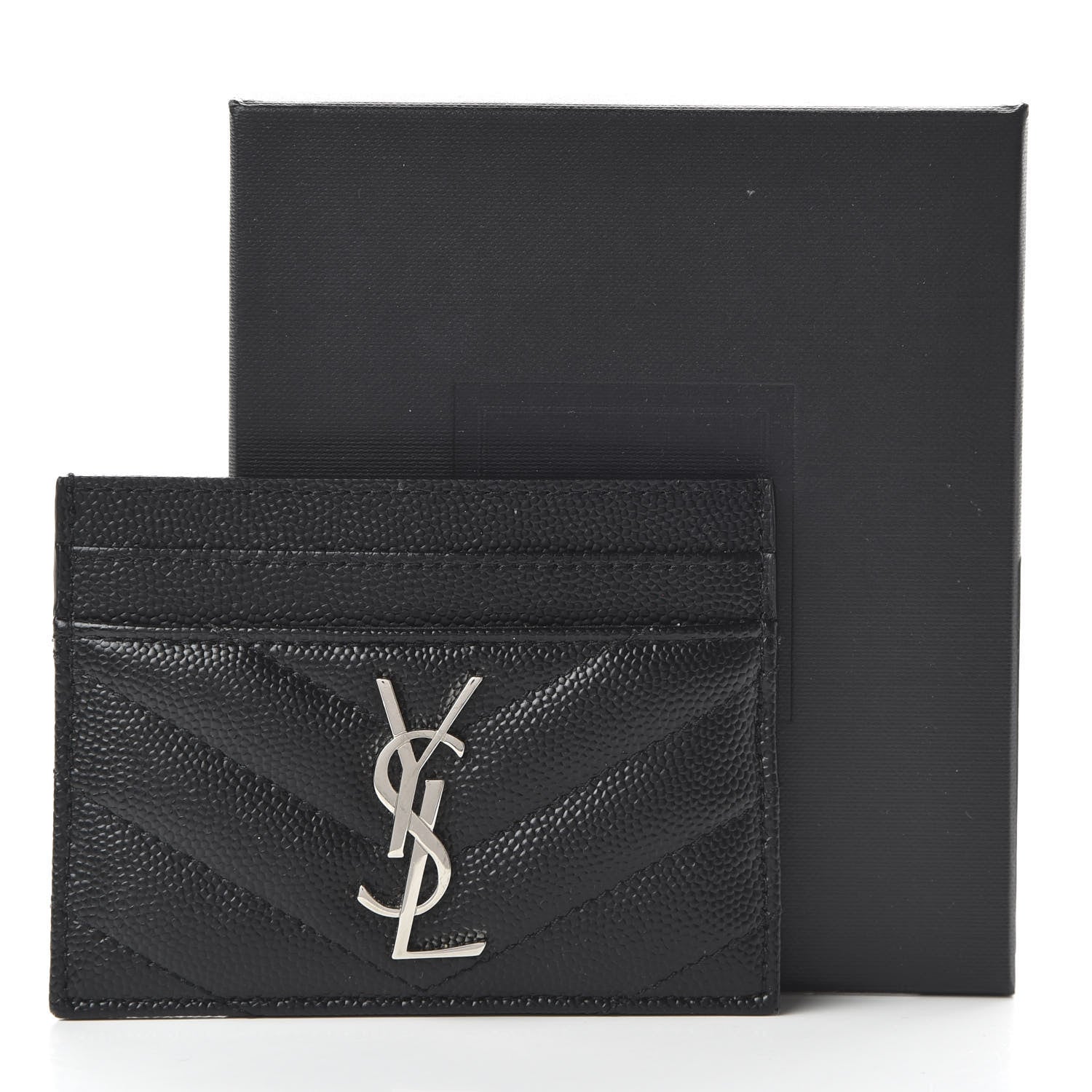 Saint Laurent Grain De Poudre Matelasse Chevron Monogram Credit Card Case Black 10 of 10