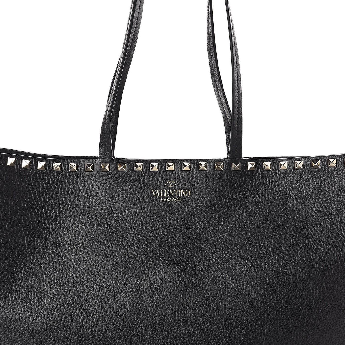 Grained Calfskin Rockstud Shoulder Tote Black