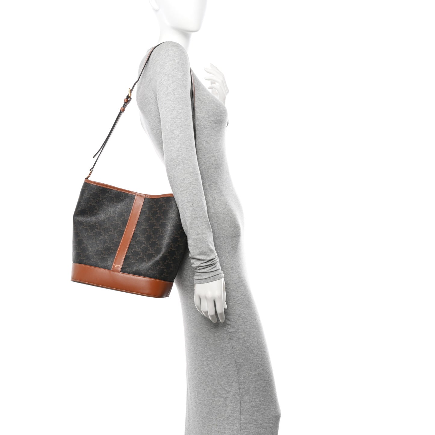 Triomphe Canvas Calfskin Medium Bucket Bag Tan