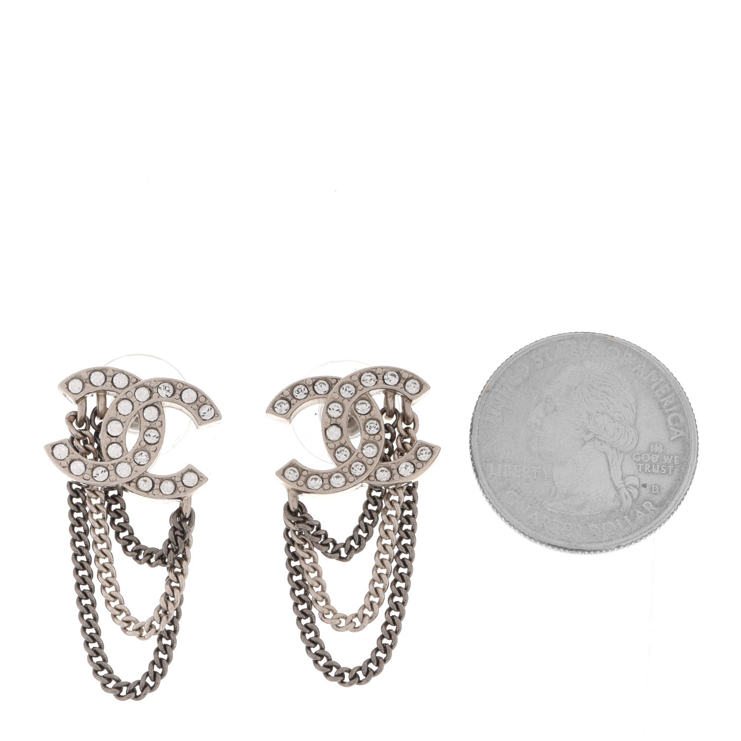Chanel Crystal Chain CC Earrings Silver 2 of 5