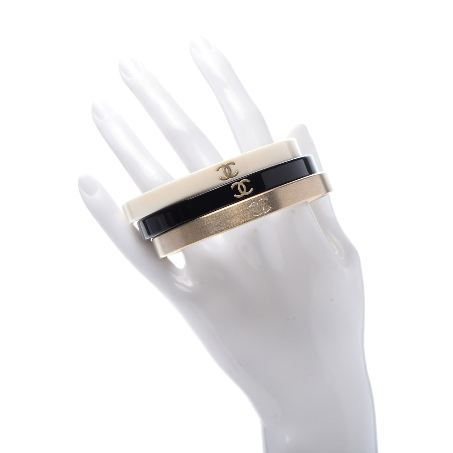 Resin Metal CC Bangle Set of 3 Black White Gold