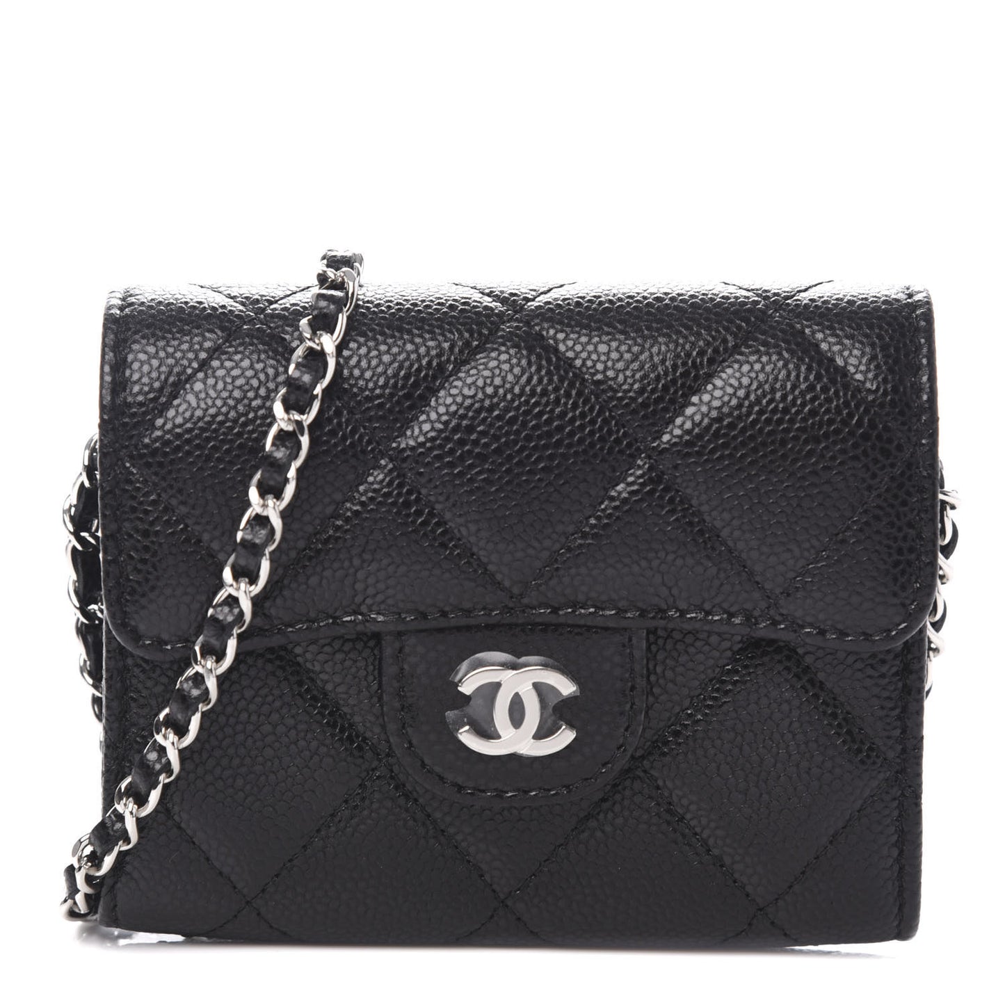 Caviar Quilted Flap Card Holder On Chain Black
