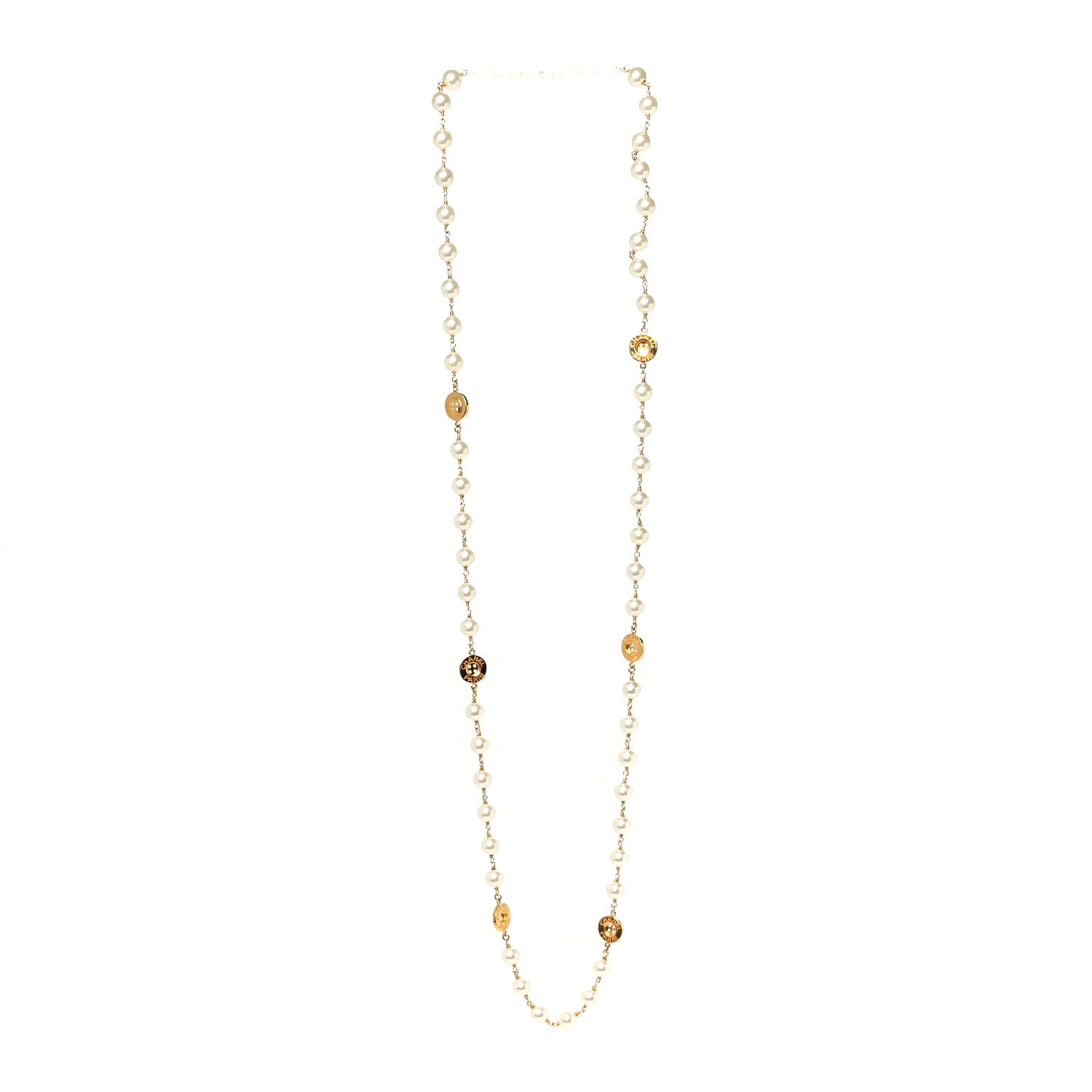 Chanel Metal Pearl Paris Button Necklace Gold 3 of 5