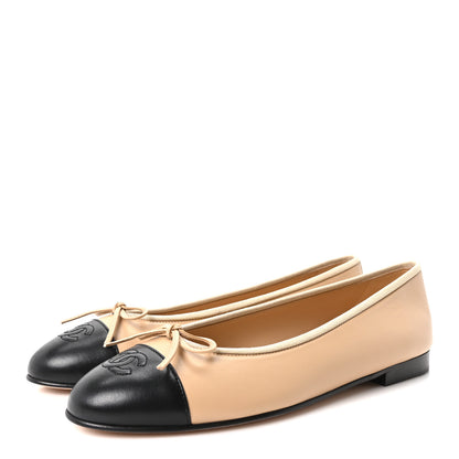 Chanel Lambskin Cap Toe CC Ballerina Flats 39.5 Beige Black 4 of 10