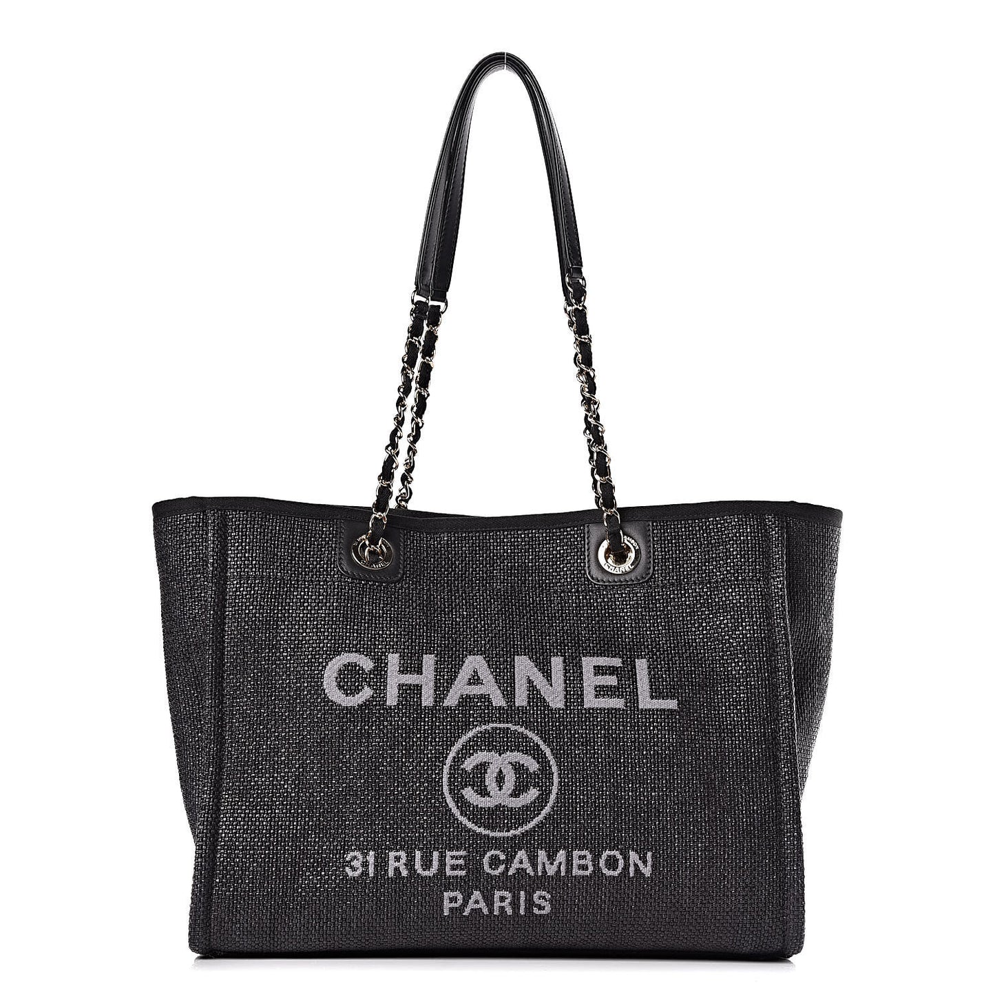 Woven Straw Raffia Small Deauville Tote Black