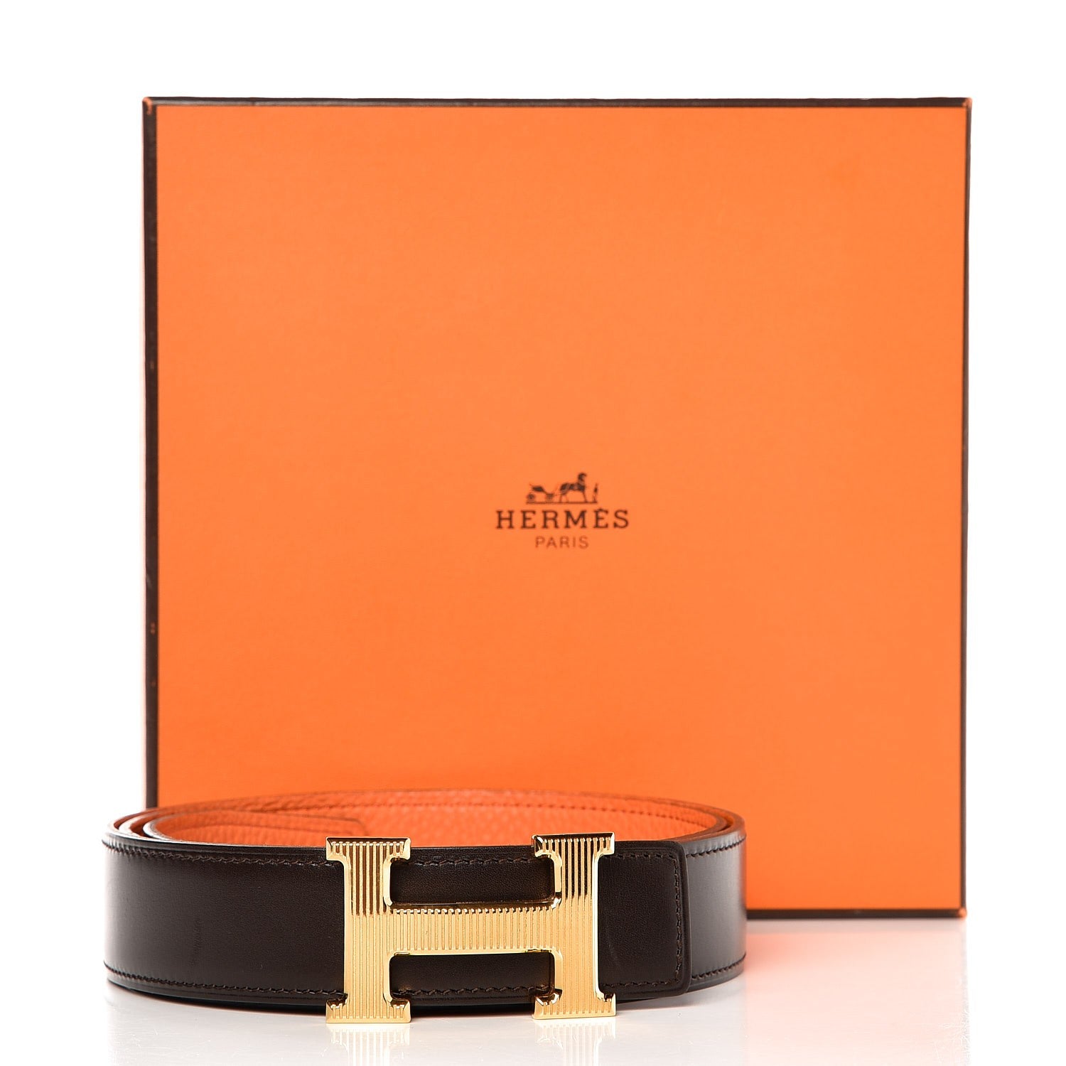 Hermes Box Togo Strie 32mm H Belt 95 Chocolate Orange 7 of 7