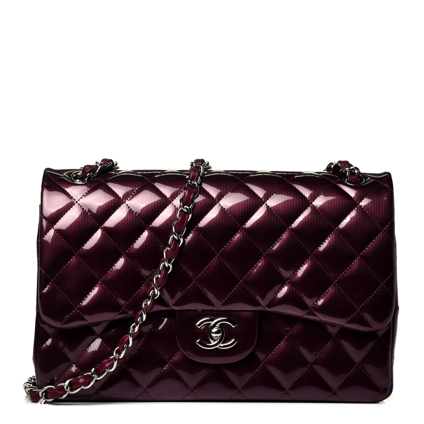 Striated Patent Quilted Jumbo Double Flap Burgundy