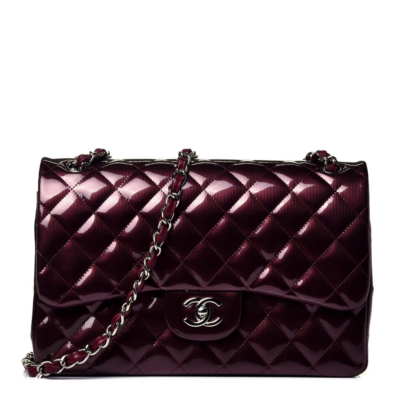 Chanel Striated Patent Quilted Jumbo Double Flap Burgundy 1 of 8