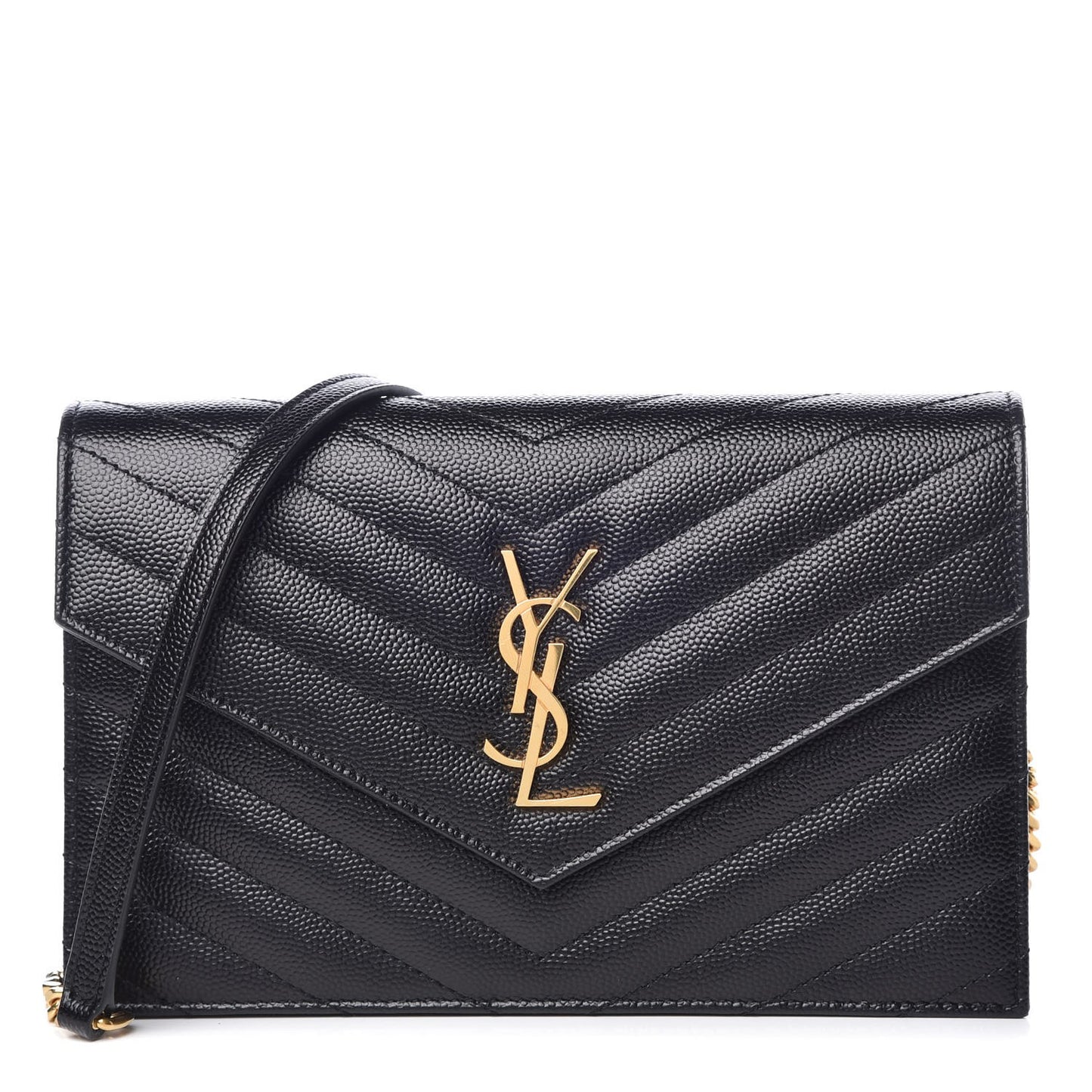 Grain De Poudre Matelasse Chevron Monogram Envelope Chain Wallet Black