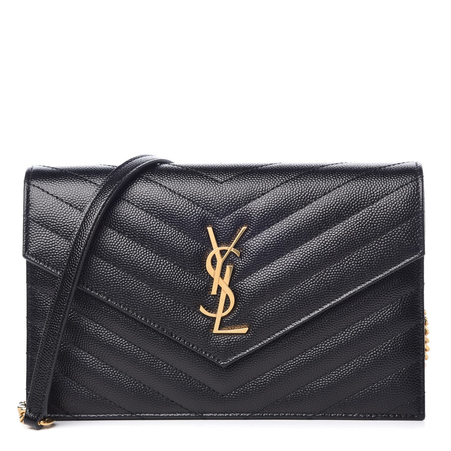 Saint Laurent Grain De Poudre Matelasse Chevron Monogram Envelope Chain Wallet Black 1 of 8