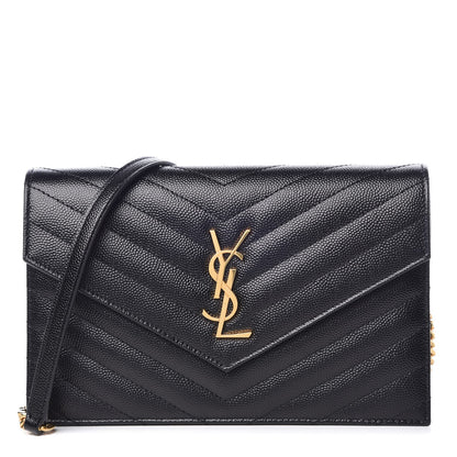 Saint Laurent Grain De Poudre Matelasse Chevron Monogram Envelope Chain Wallet Black 1 of 8