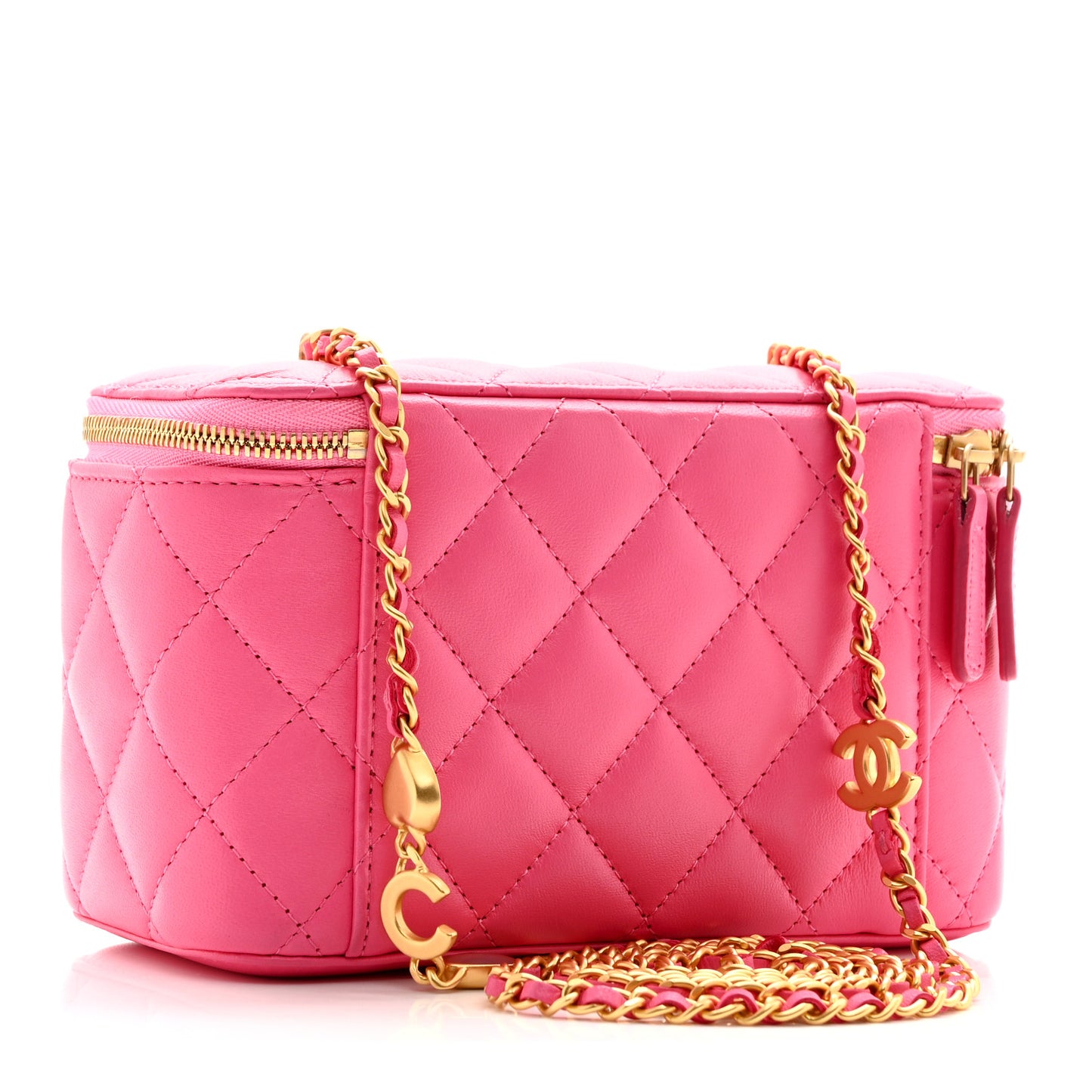 Lambskin Enamel Quilted Small Coco Hearts Vanity Case With Chain Pink