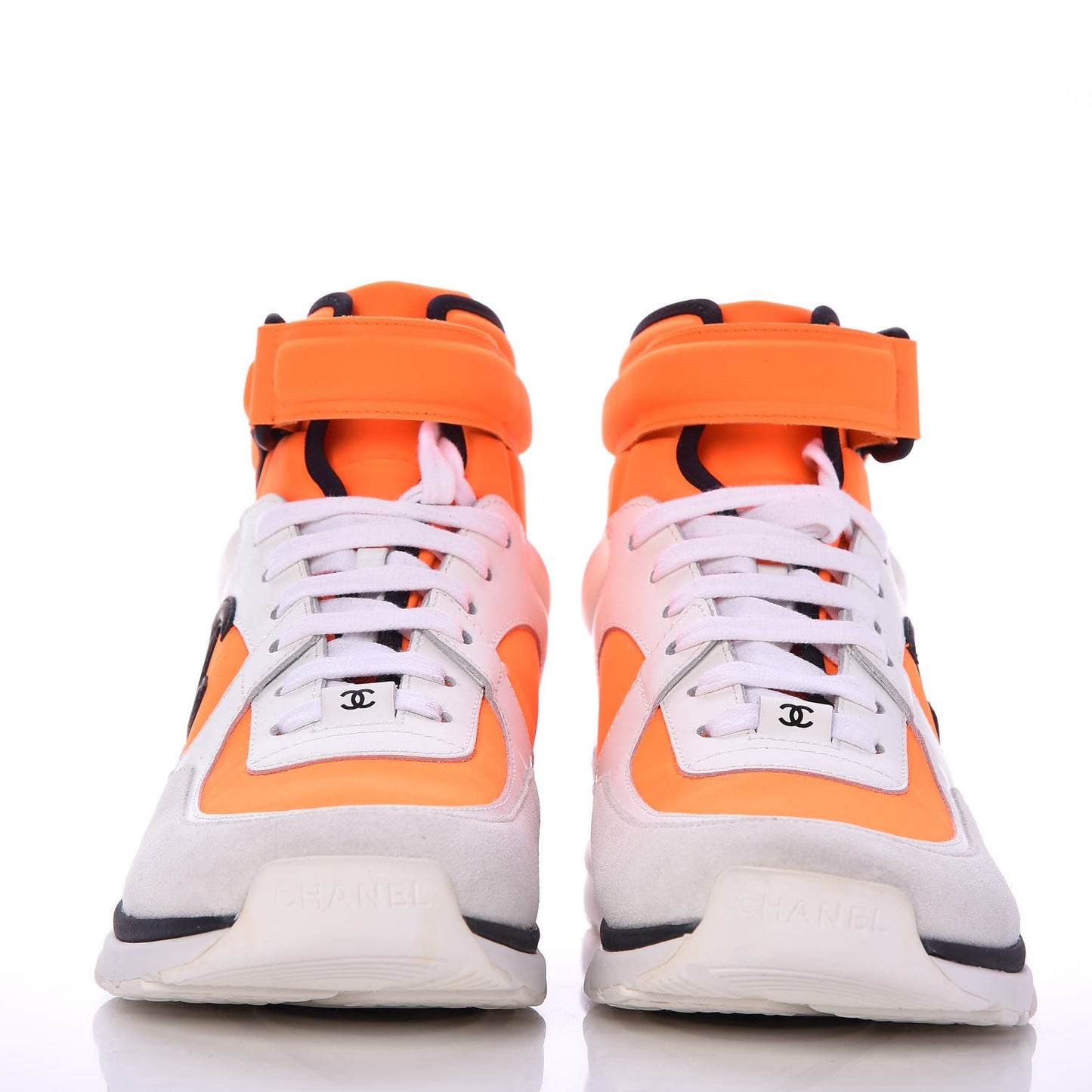 Suede Calfskin Lambskin Neoprene High Top CC Sneakers 39 White Fluo Orange