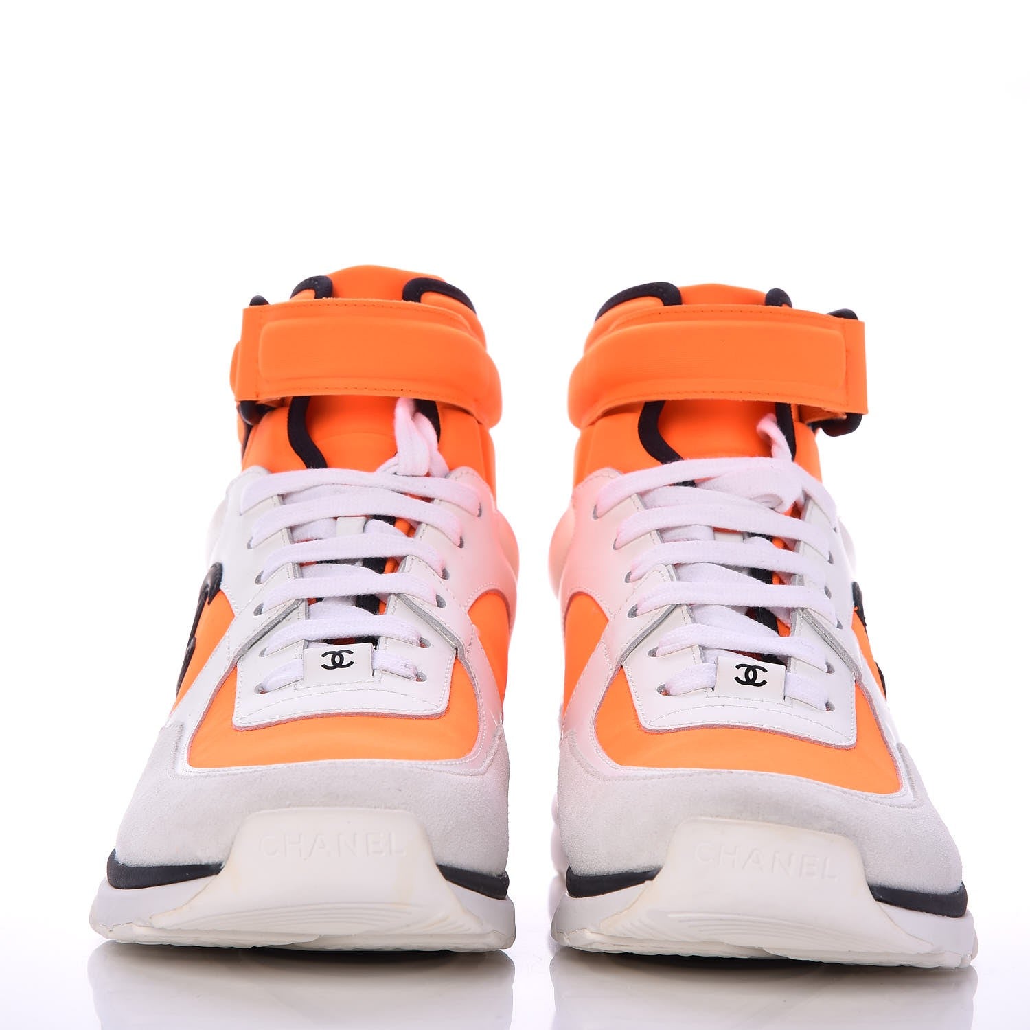 Chanel Suede Calfskin Lambskin Neoprene High Top CC Sneakers 39 White Fluo Orange 2 of 9