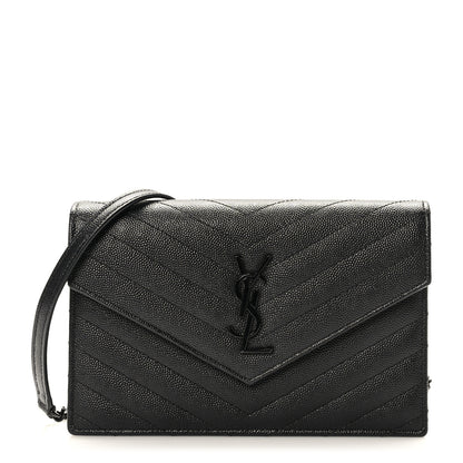 Saint Laurent Grain De Poudre Matelasse Chevron Monogram Monochrome Envelope Chain Wallet Black 1 of 10