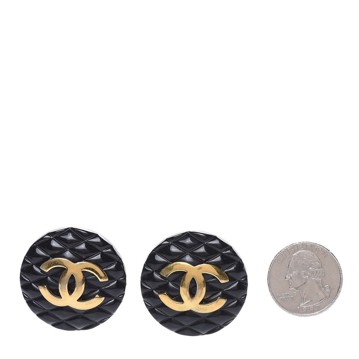 Enamel Quilted CC Clip On Earrings Black Gold
