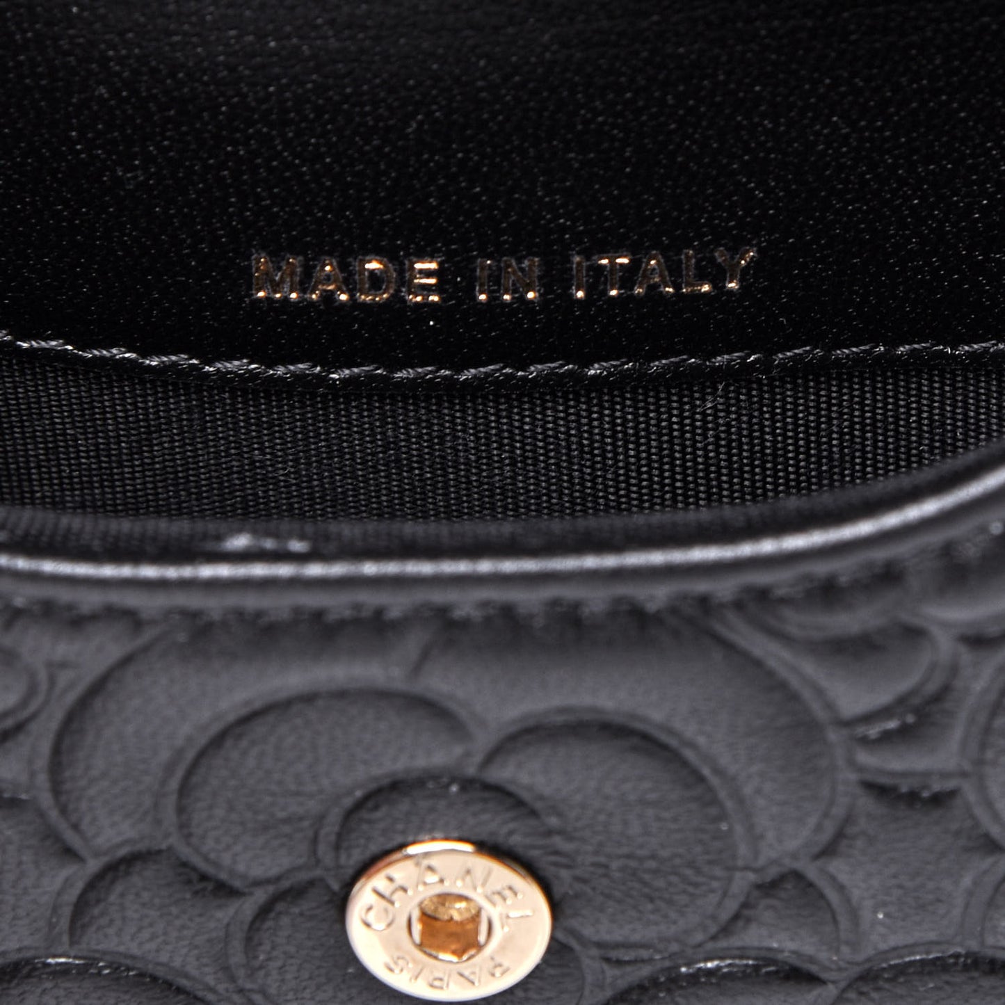 Lambskin Camellia Embossed Chain Belt Bag Black