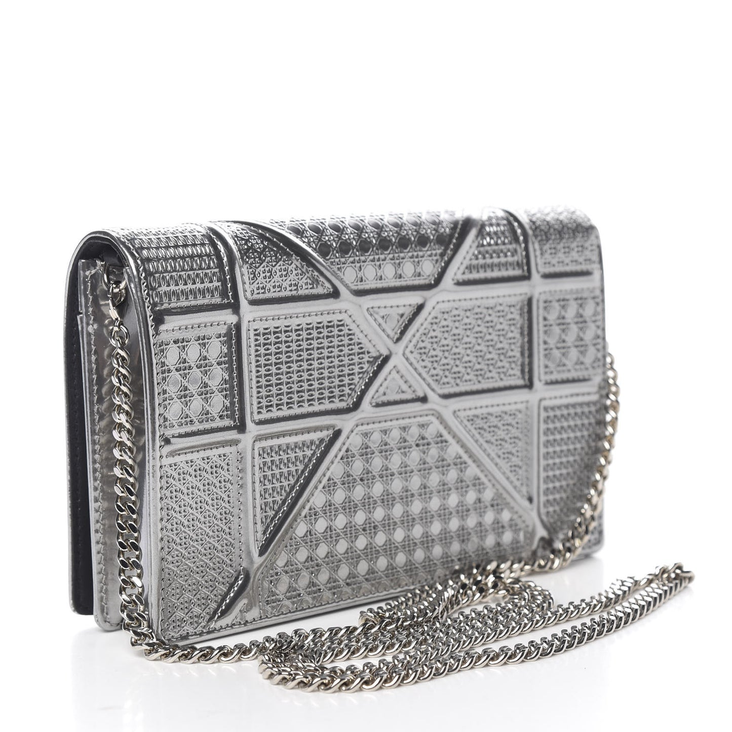 Metallic Patent Micro-Cannage Diorama Wallet on Chain Pouch Silver