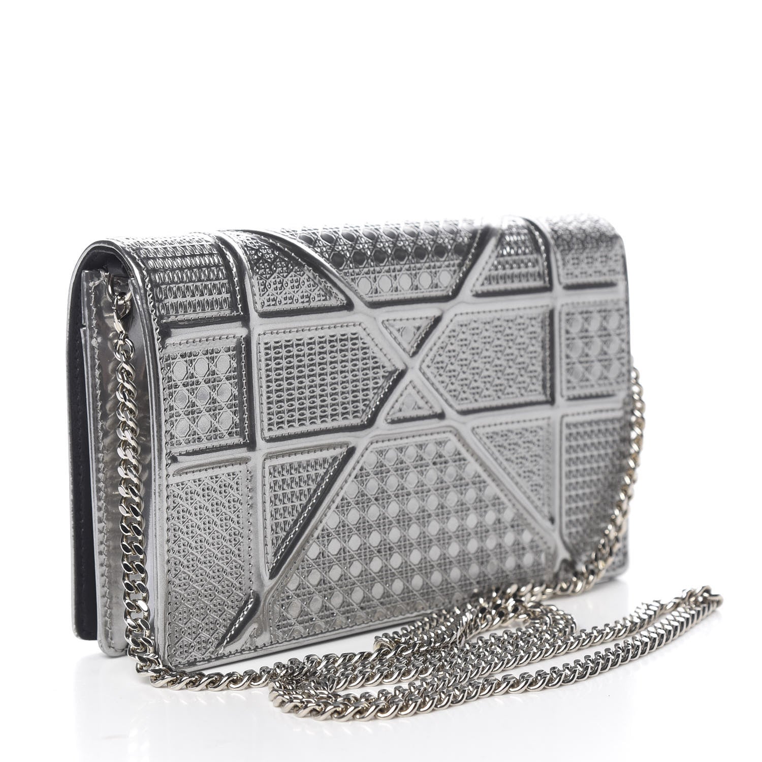 Christian Dior Metallic Patent Micro-Cannage Diorama Wallet on Chain Pouch Silver 2 of 9
