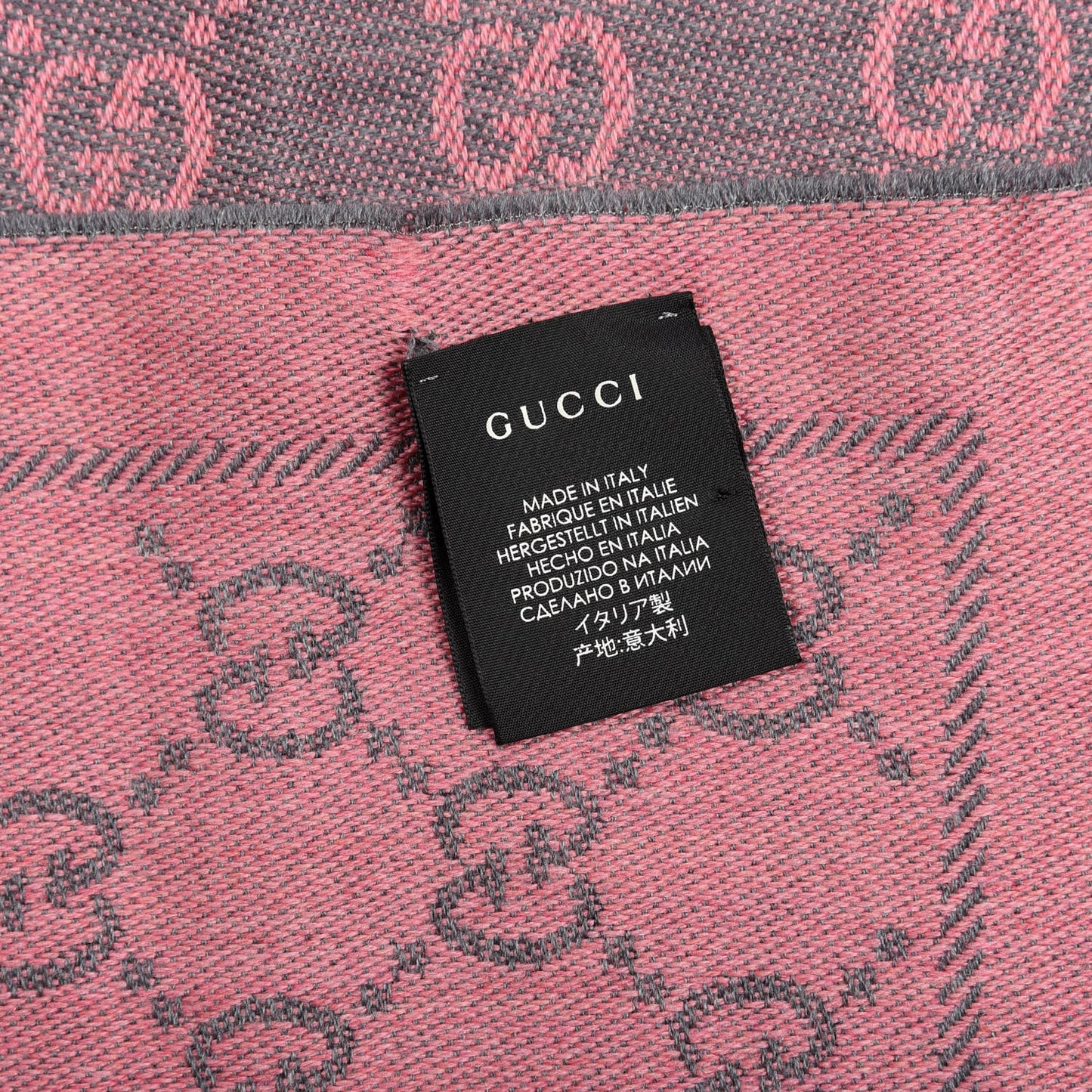 Wool Jacquard GG Monogram Sten Fringe Scarf Graphite Pink