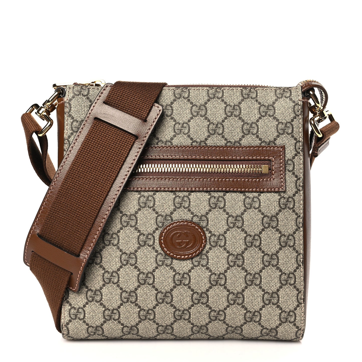 GG Supreme Monogram Azalea Calfskin Retro Interlocking G Flat Messenger Bag Beige Ebony Brown Sugar