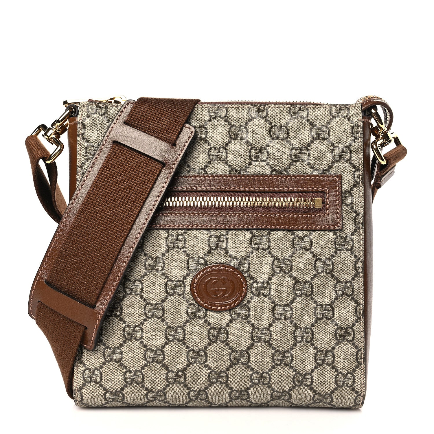 Gucci GG Supreme Monogram Azalea Calfskin Retro Interlocking G Flat Messenger Bag Beige Ebony Brown Sugar 1 of 7