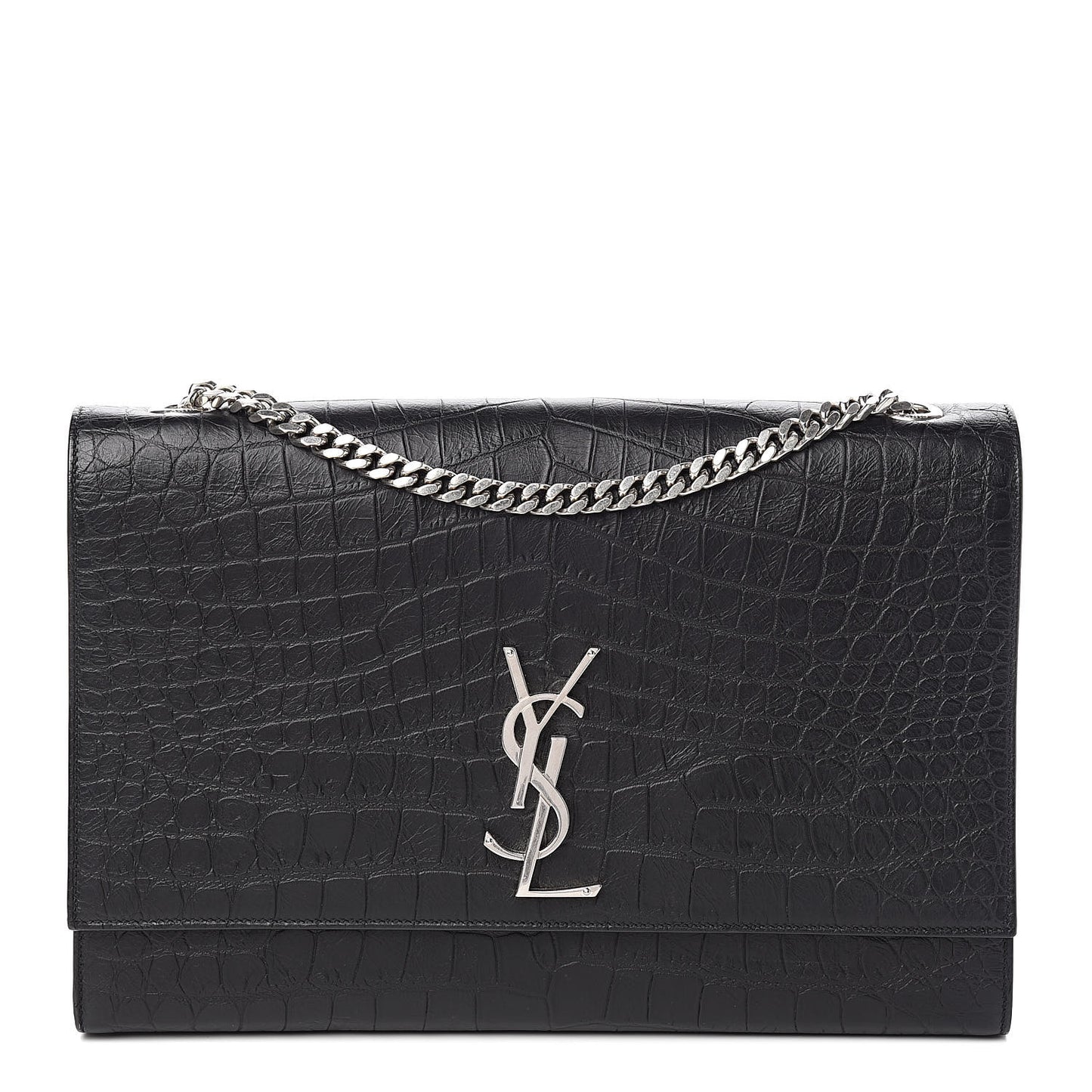 Calfskin Crocodile Embossed Large Classic Monogram Kate Satchel Black