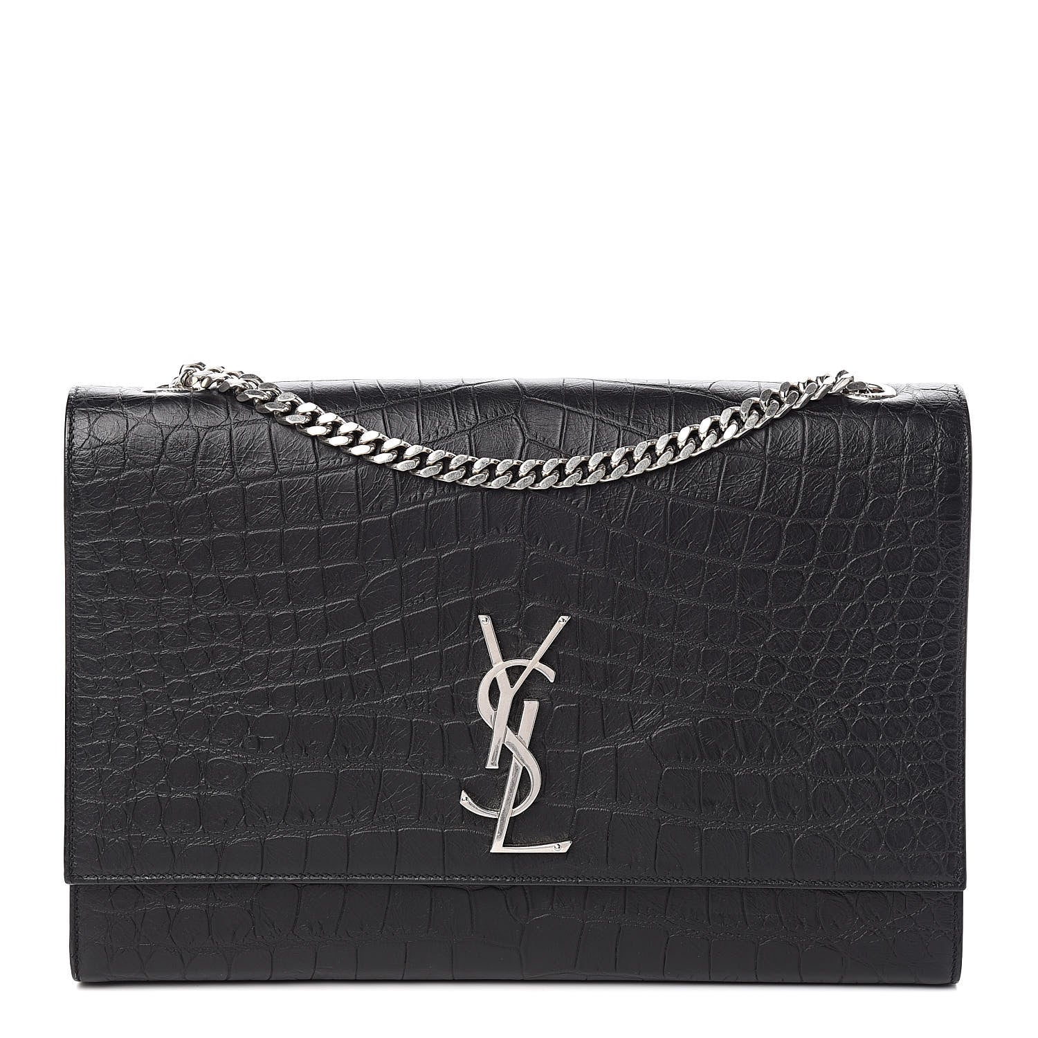 Saint Laurent Calfskin Crocodile Embossed Large Classic Monogram Kate Satchel Black 1 of 10