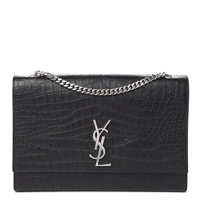 Saint Laurent Calfskin Crocodile Embossed Large Classic Monogram Kate Satchel Black 1 of 10