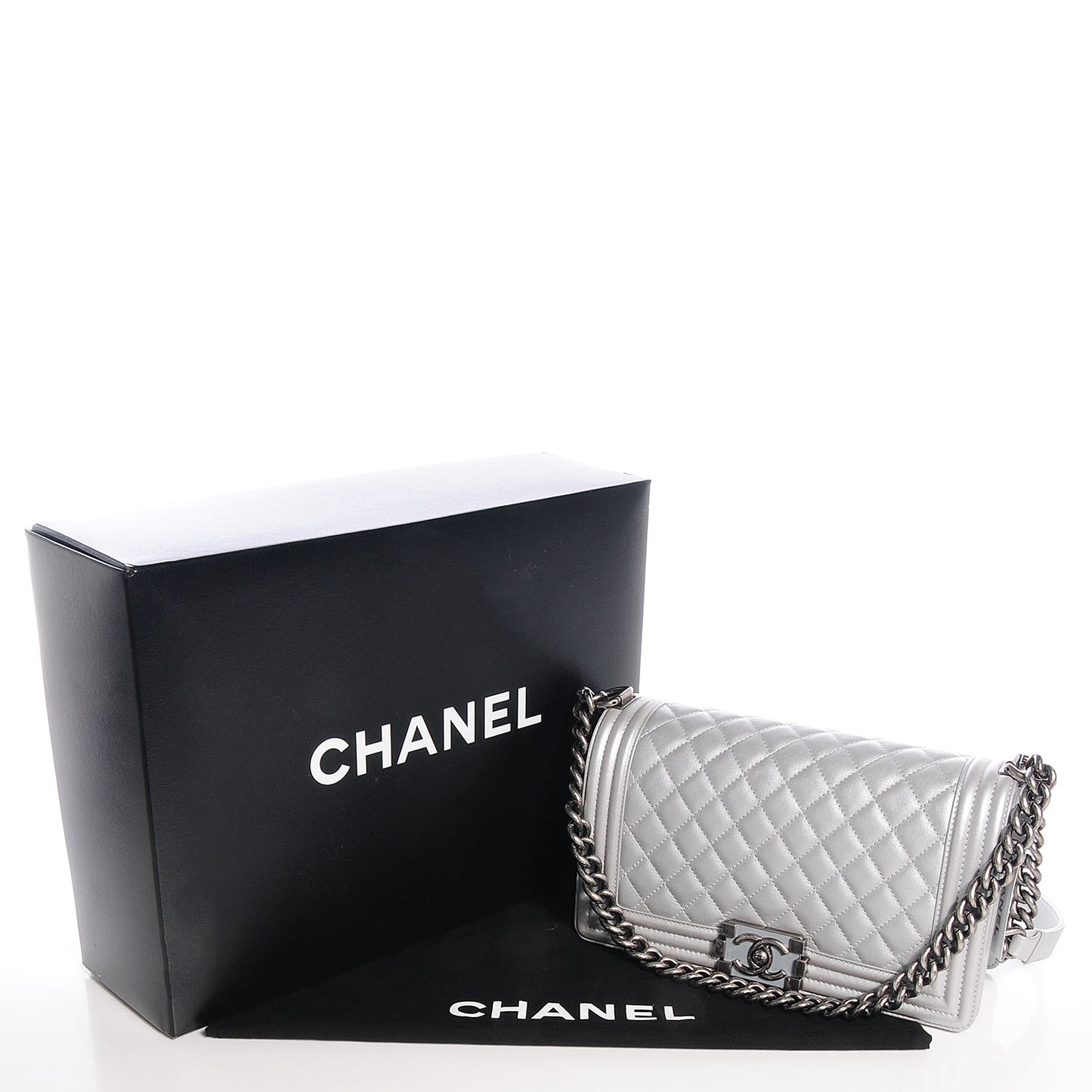 Metallic Calfskin Quilted Medium Boy Flap Silver