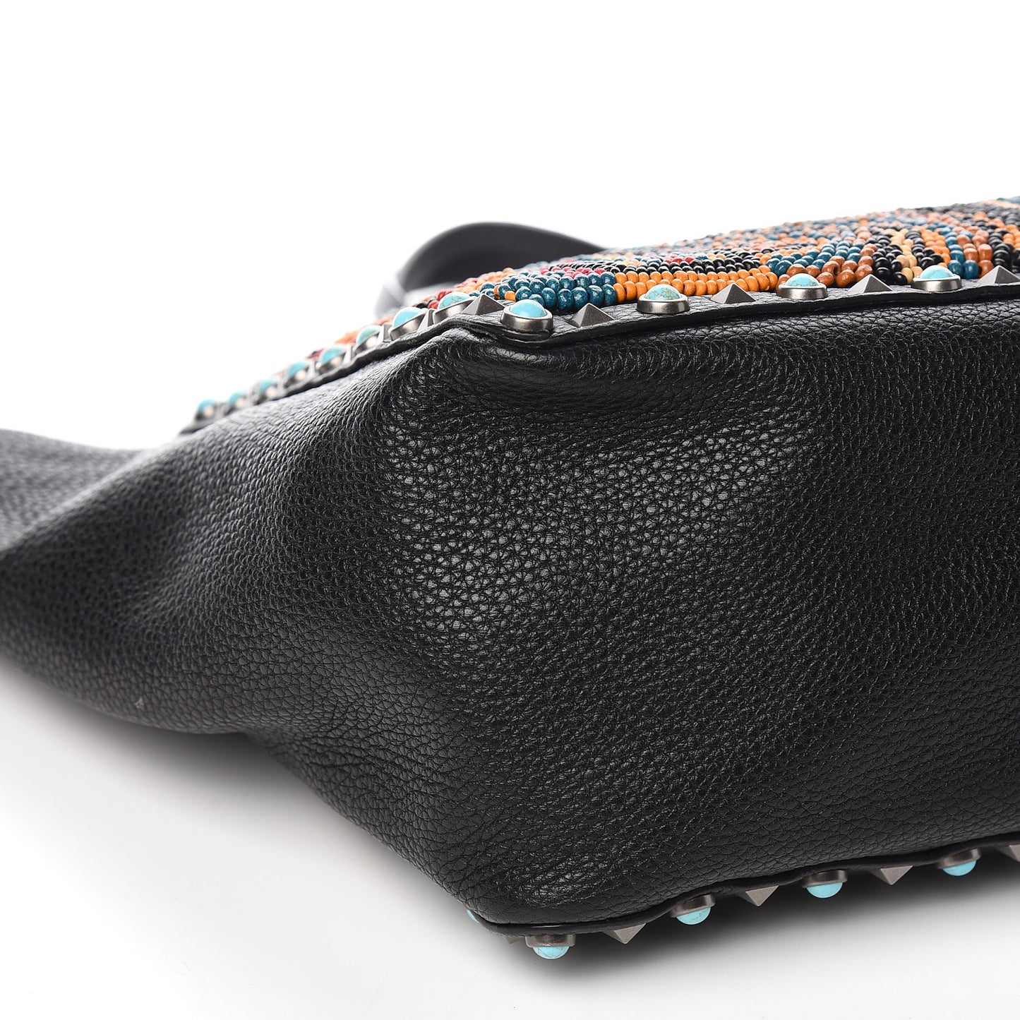 Grained Calfskin Beaded Medium Rockstud Rolling Crossbody Tote Black Multicolor